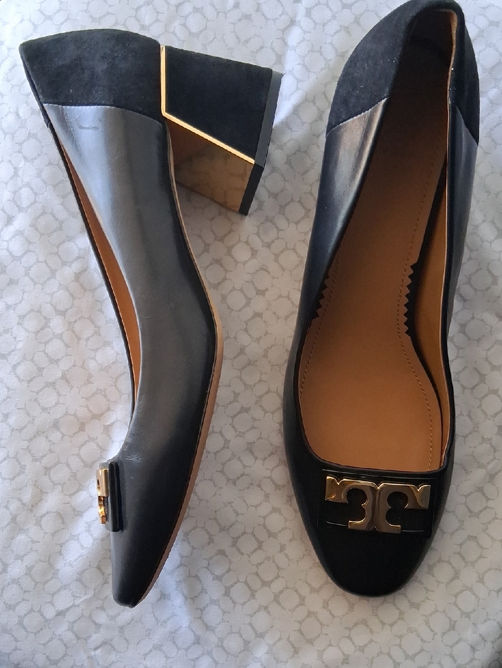 Tory Burch Black Leather & Suede Block Heel Pumps with Gold Logo